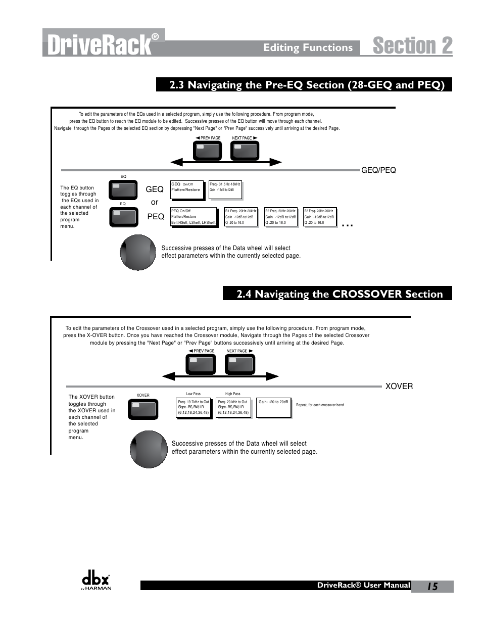 Driverack, Editing functions, Xover | dbx DriveRack 260 User Manual | Page 23 / 84