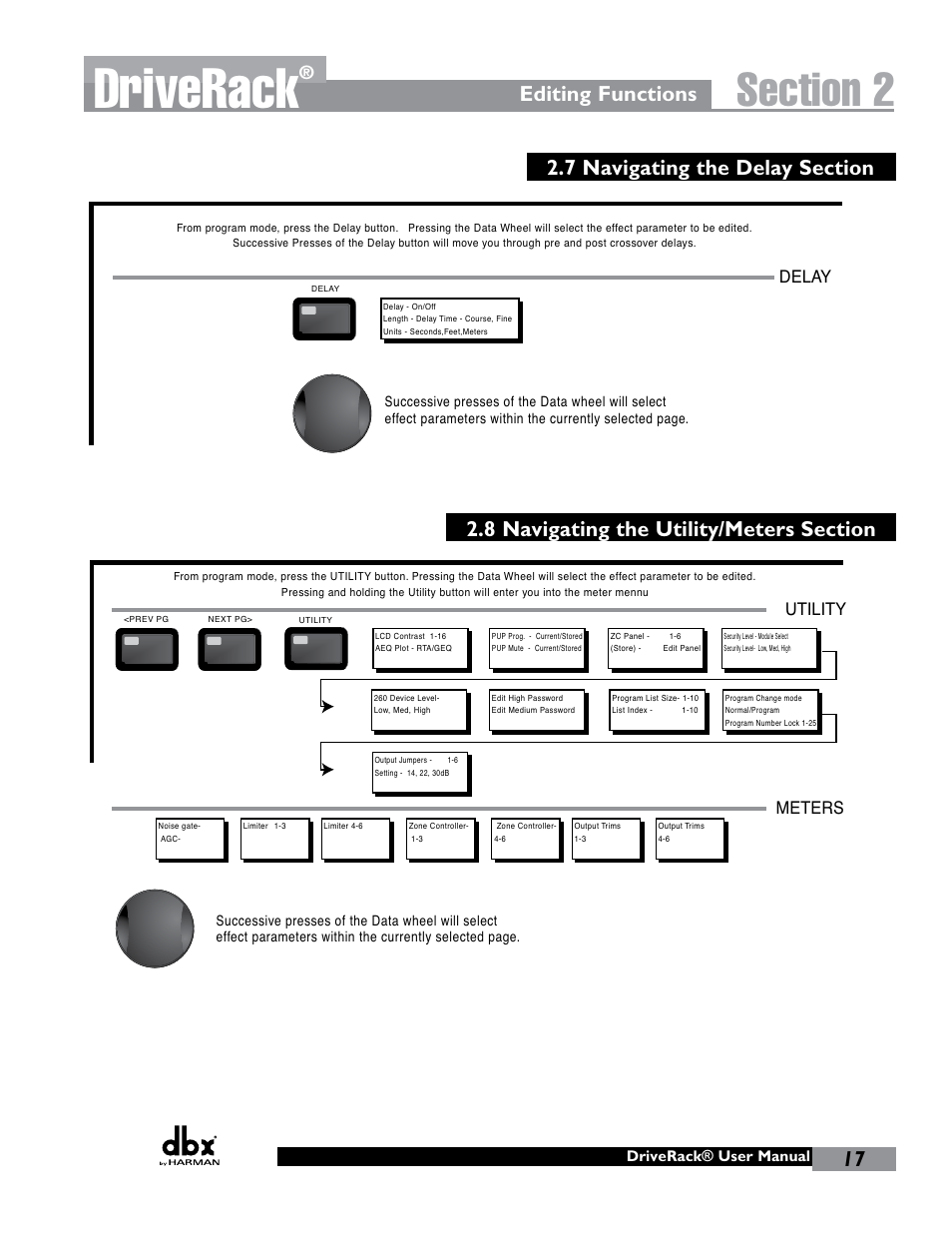 Driverack, Editing functions, Delay | Other, Wizard, Utility meters, Subharmonic, Driverack® user manual | dbx DriveRack 260 User Manual | Page 25 / 84
