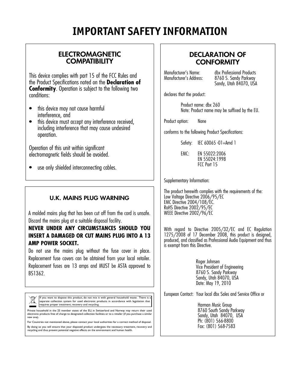 Important safety information, Electromagnetic compatibility | dbx DriveRack 260 User Manual | Page 3 / 84