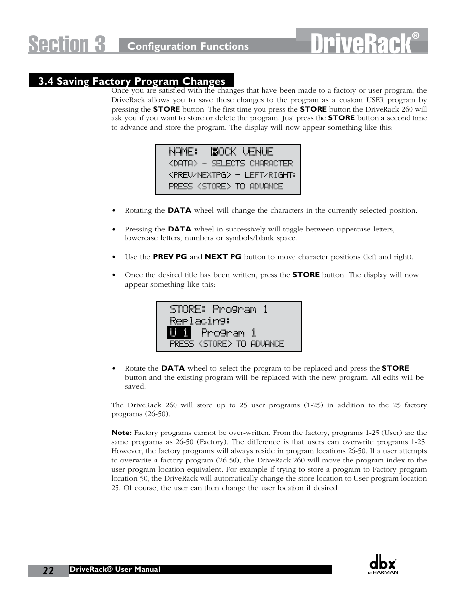 Driverack, Program 1, Name: r ock venue | Insert, Store: program 1, Store: rock venue, Replacing: u 1 program 1 | dbx DriveRack 260 User Manual | Page 30 / 84