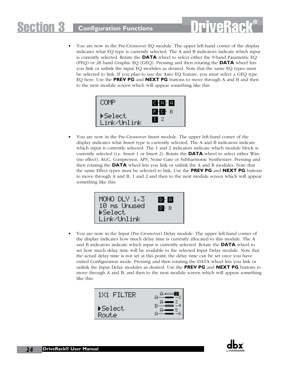 Driverack, Geq select link/unlink, Program 1 | Comp select link/unlink, Mono dly 1.3 10 ms unused select link/unlink, 1x1 filter select route, Post eq link/unlink, Limiter select link/unlink, Output ch2 route name output ch2 | dbx DriveRack 260 User Manual | Page 32 / 84