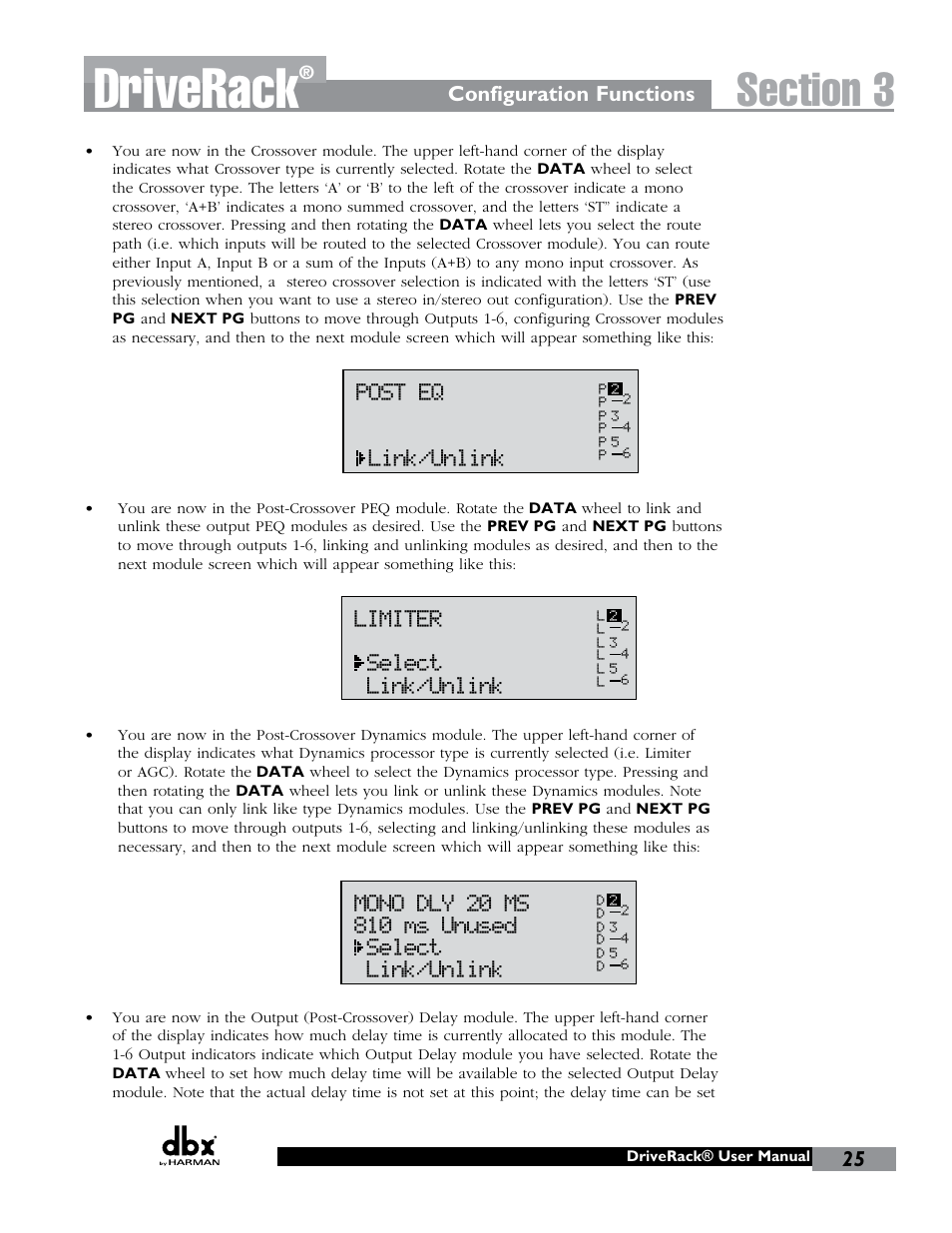 Driverack, Geq select link/unlink, Program 1 | Comp select link/unlink, Mono dly 1.3 10 ms unused select link/unlink, 1x1 filter select route, Post eq link/unlink, Limiter select link/unlink, Output ch2 route name output ch2 | dbx DriveRack 260 User Manual | Page 33 / 84