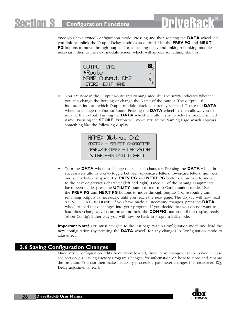 Driverack, Geq select link/unlink, Program 1 | Comp select link/unlink, Mono dly 1.3 10 ms unused select link/unlink, 1x1 filter select route, Post eq link/unlink, Limiter select link/unlink, Output ch2 route name output ch2 | dbx DriveRack 260 User Manual | Page 34 / 84