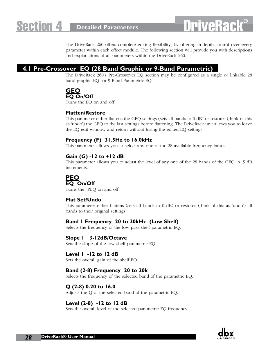 Driverack | dbx DriveRack 260 User Manual | Page 36 / 84