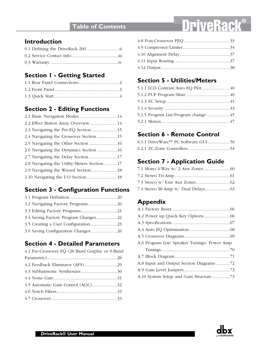 Driverack | dbx DriveRack 260 User Manual | Page 4 / 84