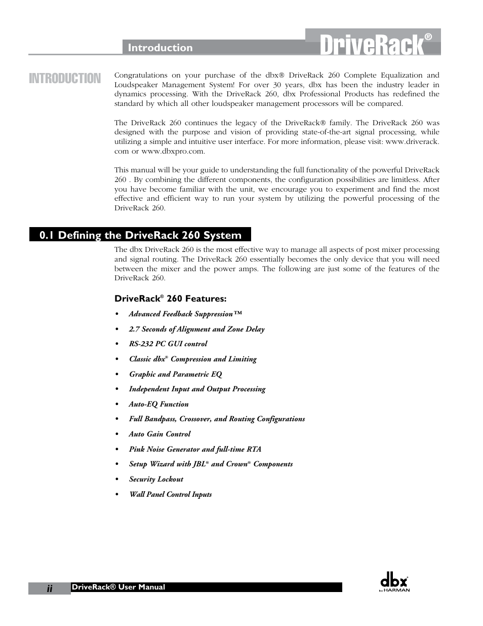 Driverack, Introduction, 1 defining the driverack 260 system | dbx DriveRack 260 User Manual | Page 6 / 84