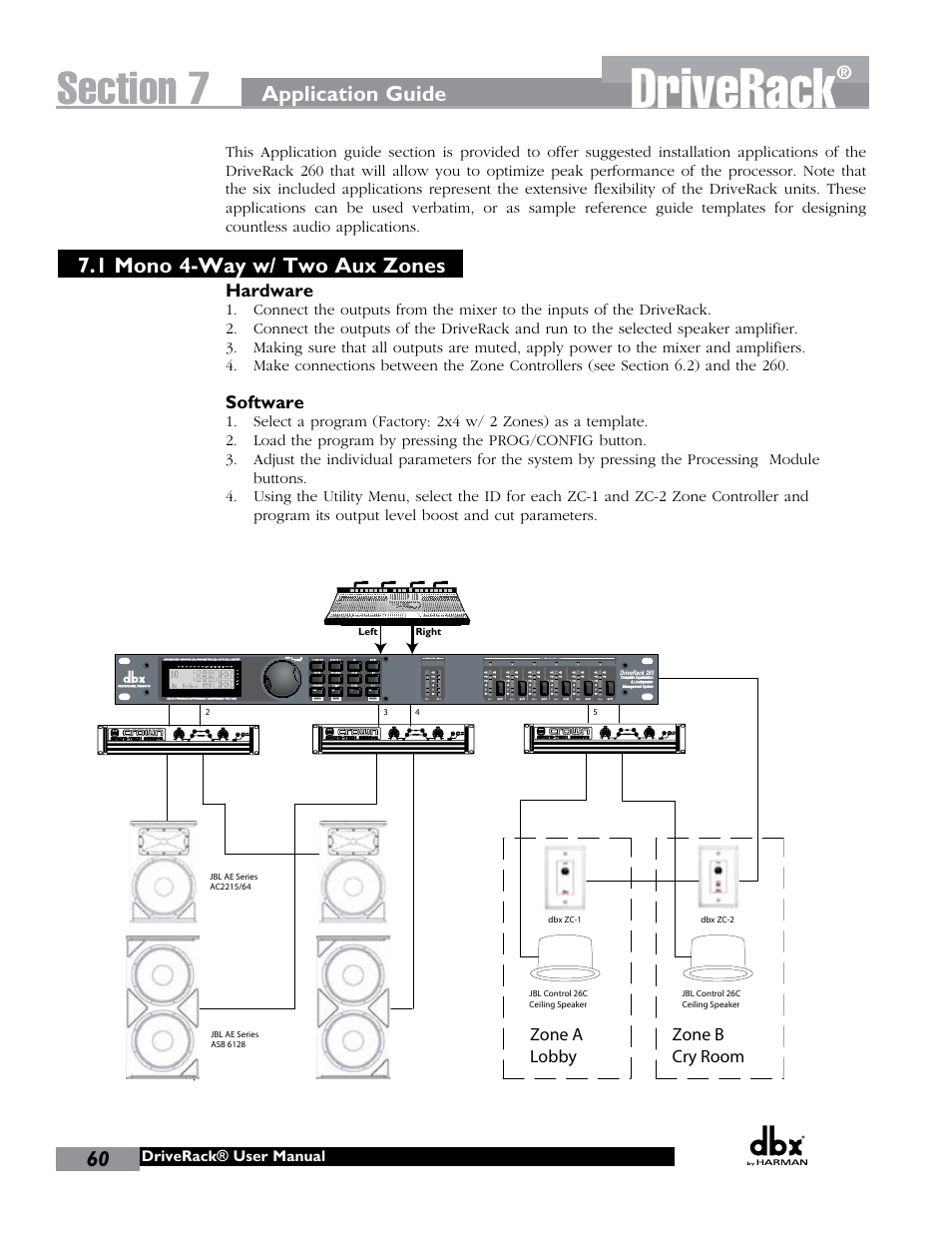 Driverack, 1 mono 4-way w/ two aux zones, Application guide | dbx DriveRack 260 User Manual | Page 68 / 84