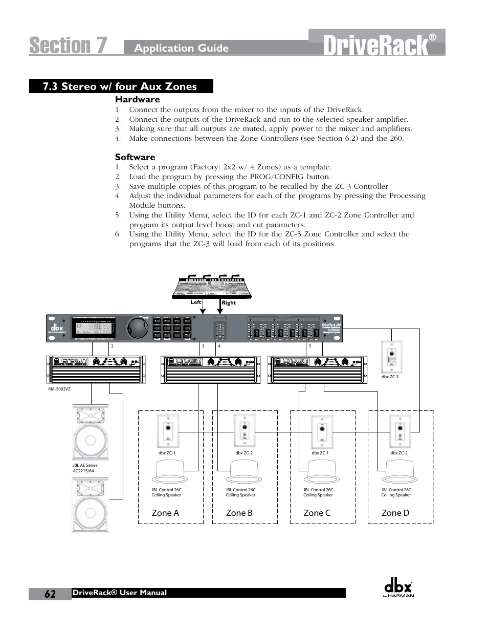 Driverack, 3 stereo w/ four aux zones, Application guide | dbx DriveRack 260 User Manual | Page 70 / 84