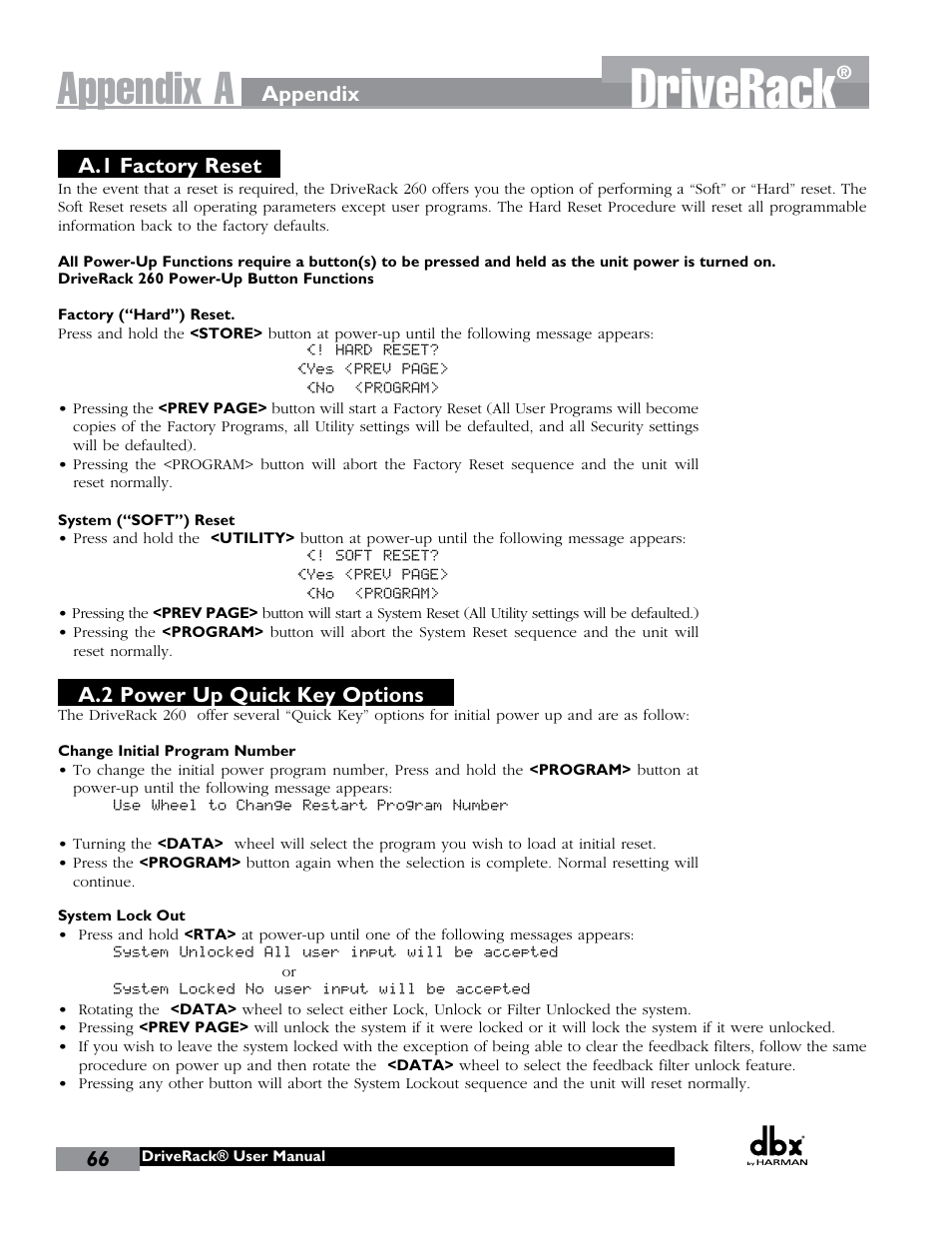 Driverack, Appendix a, A.1 factory reset | A.2 power up quick key options, Appendix | dbx DriveRack 260 User Manual | Page 74 / 84