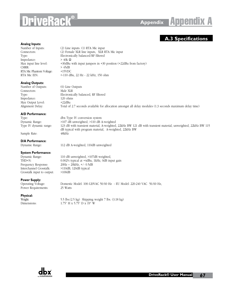 Driverack, Appendix a, A.3 specifications | Appendix | dbx DriveRack 260 User Manual | Page 75 / 84