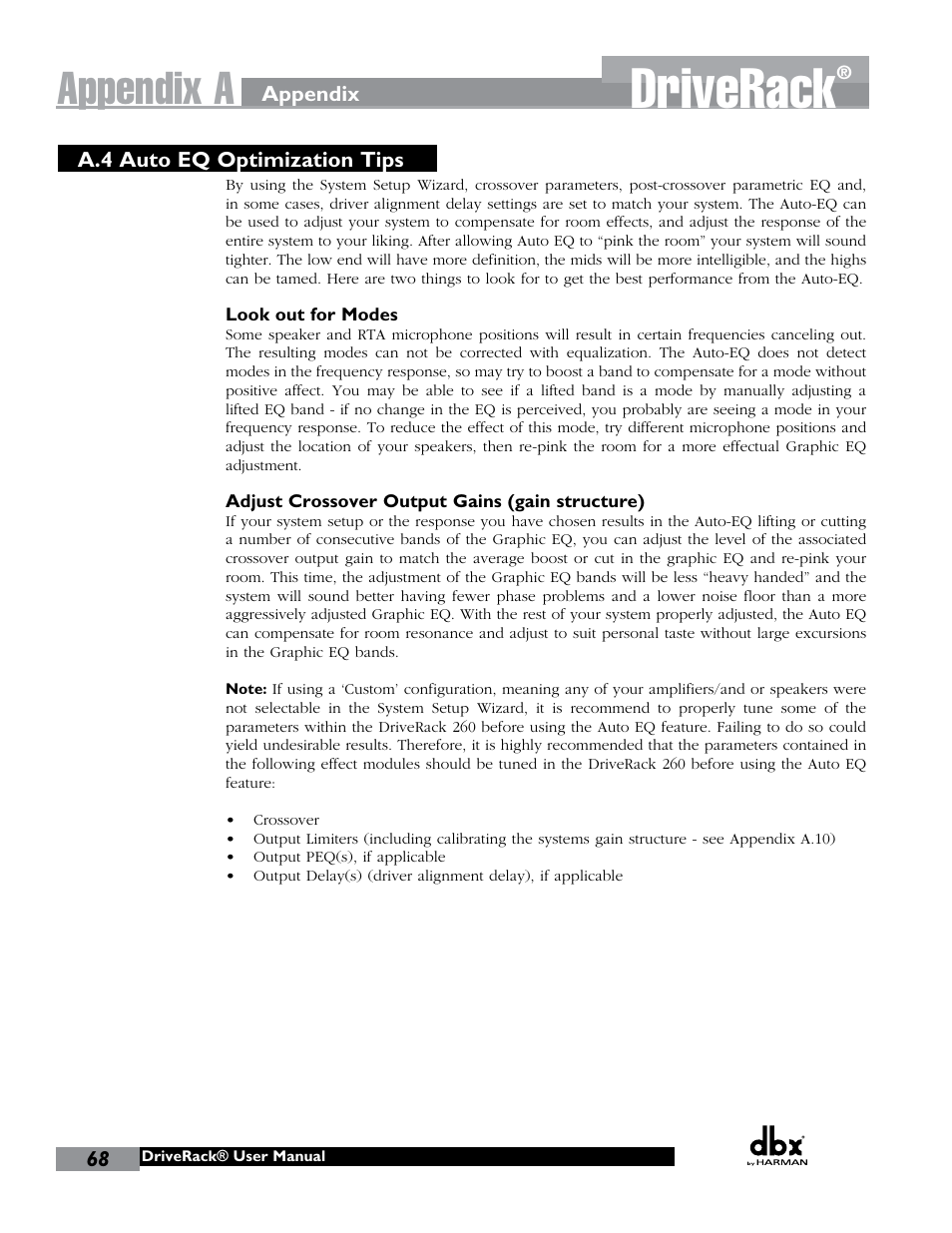 Driverack, Appendix a | dbx DriveRack 260 User Manual | Page 76 / 84