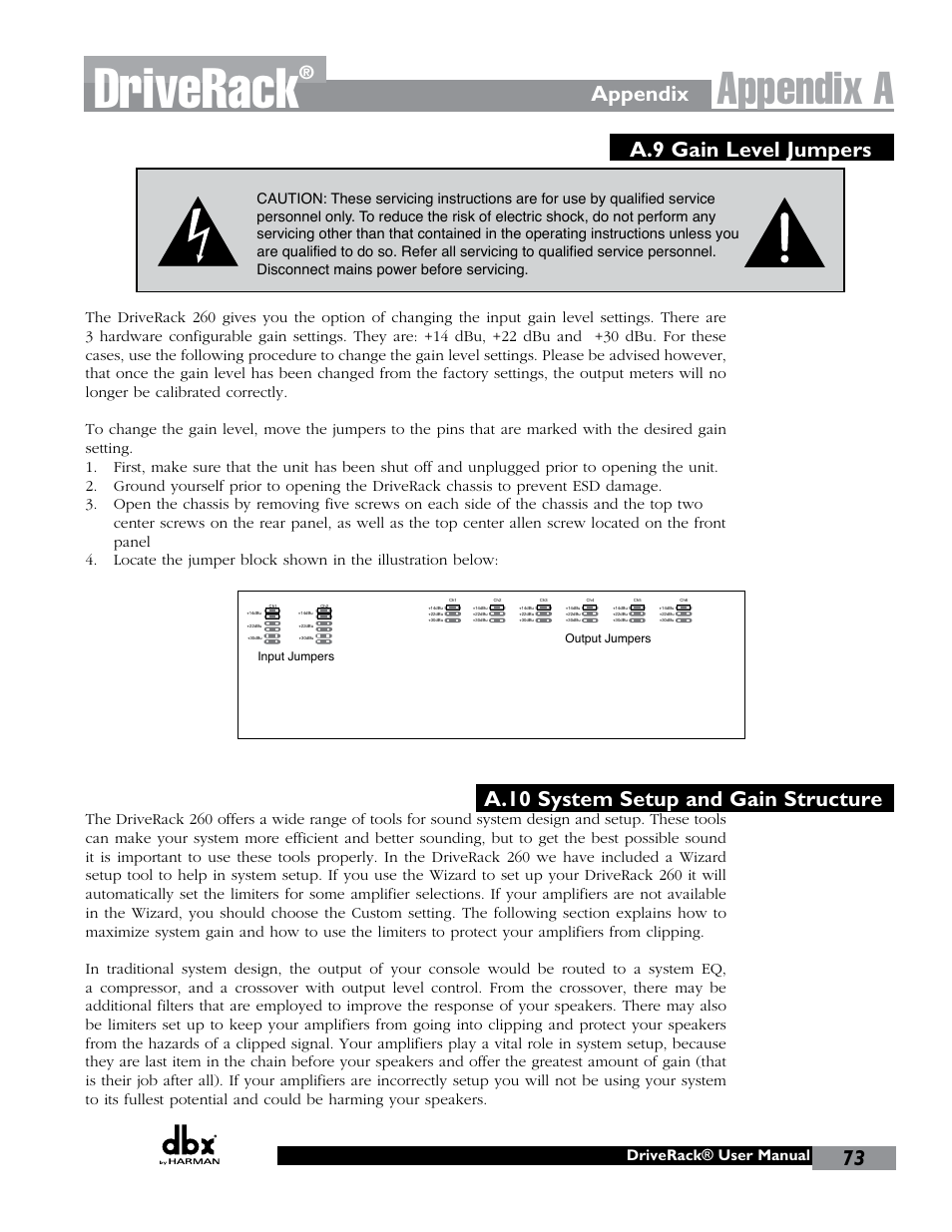 Driverack, Appendix a, A.9 gain level jumpers | A.10 system setup and gain structure, Appendix, Driverack® user manual | dbx DriveRack 260 User Manual | Page 81 / 84