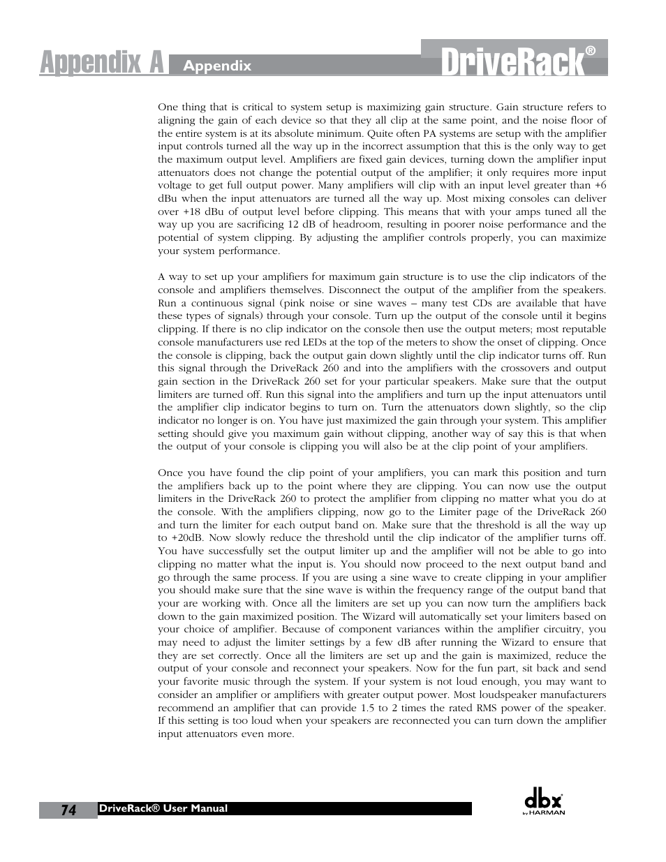 Driverack, Appendix a | dbx DriveRack 260 User Manual | Page 82 / 84