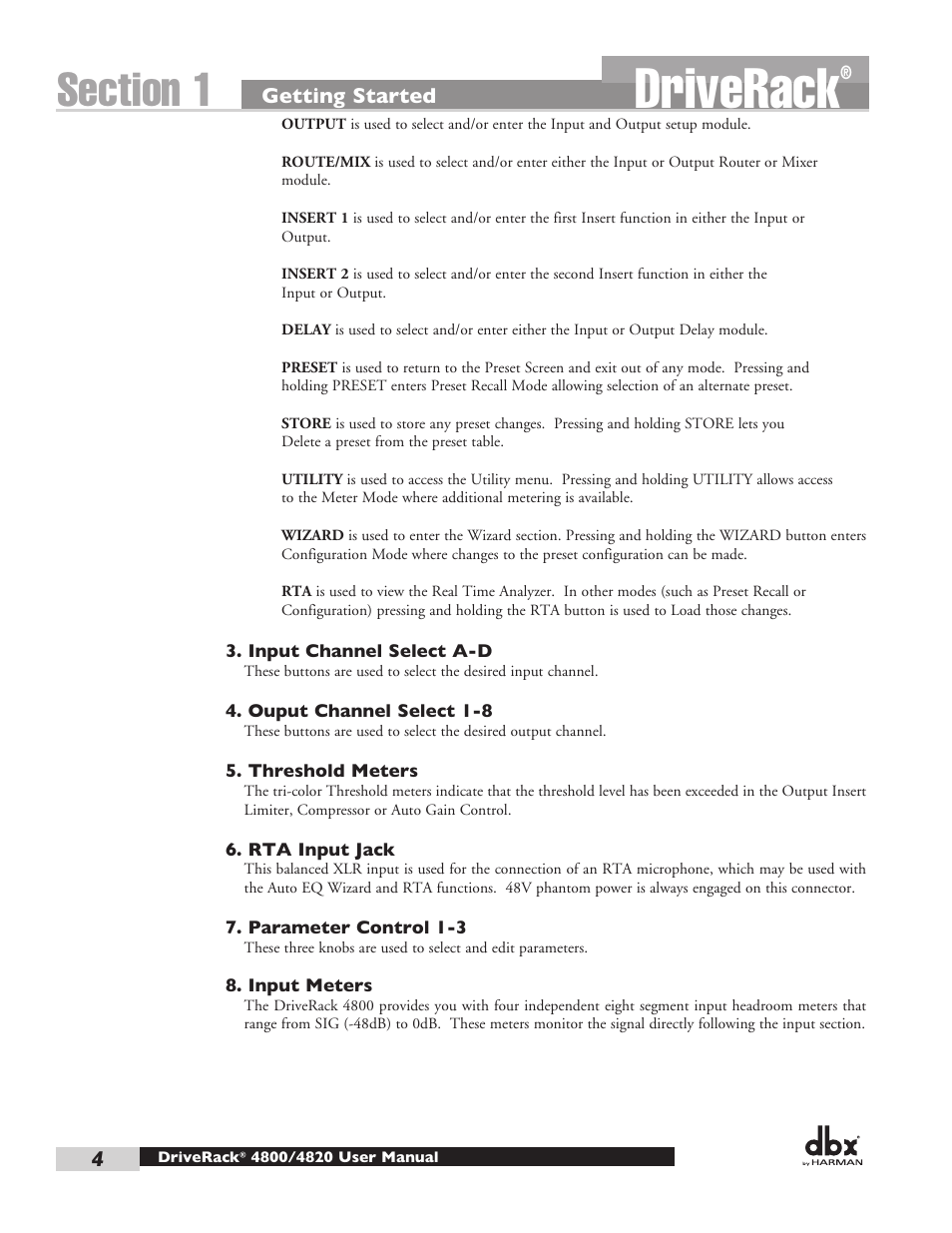 Driverack, Getting started 4 | dbx DriveRack 4820 User Manual | Page 14 / 96