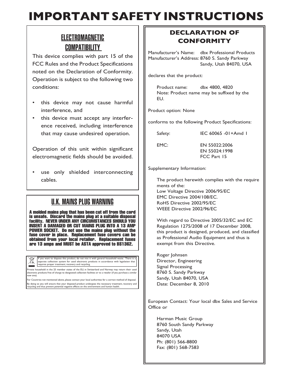 Important safety instructions, U.k. mains plug warning, Electromagnetic compatibility | Declaration of conformity | dbx DriveRack 4820 User Manual | Page 3 / 96