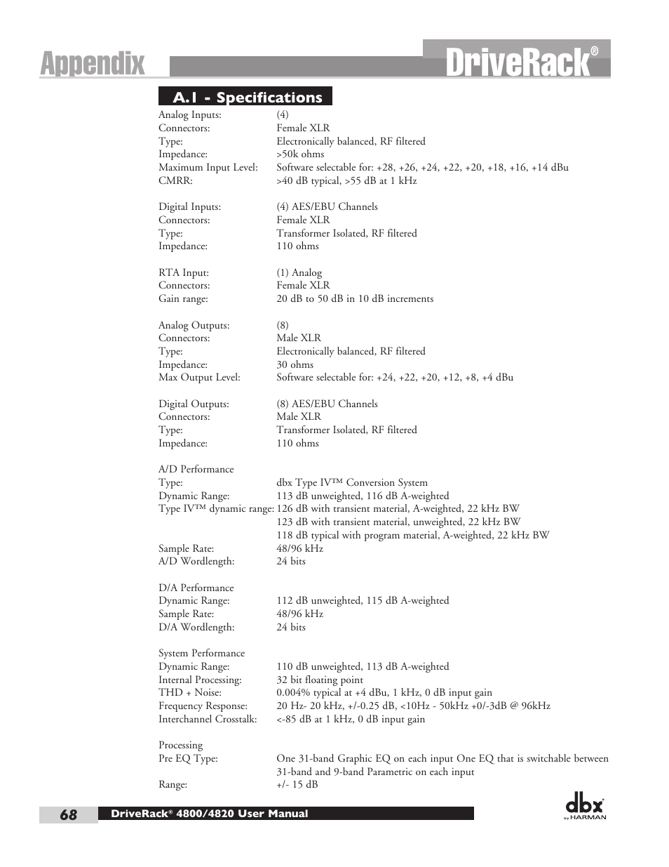 Driverack, Appendix, A.1 - specifications | dbx DriveRack 4820 User Manual | Page 78 / 96