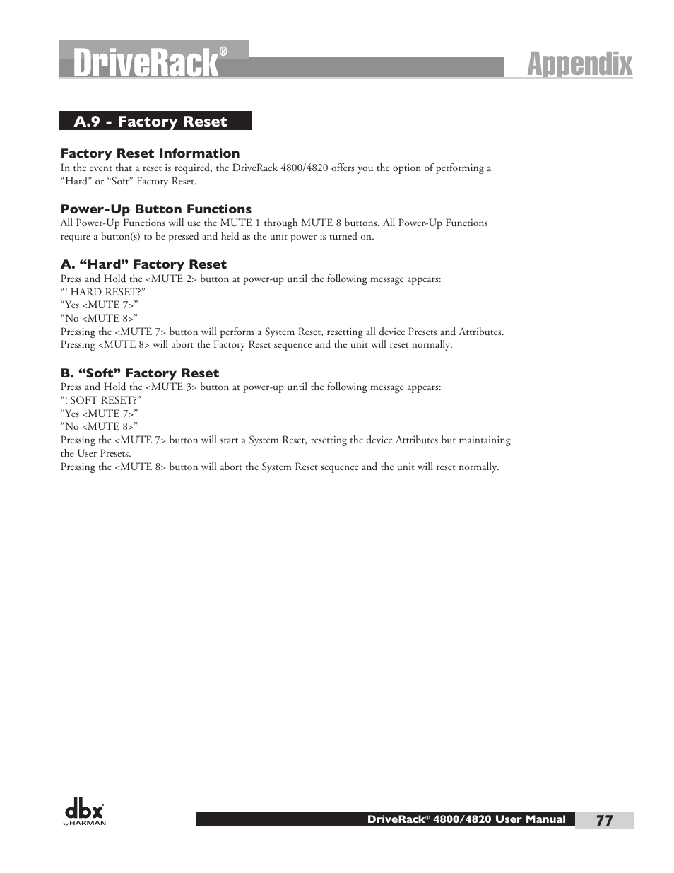 Driverack, Appendix | dbx DriveRack 4820 User Manual | Page 87 / 96