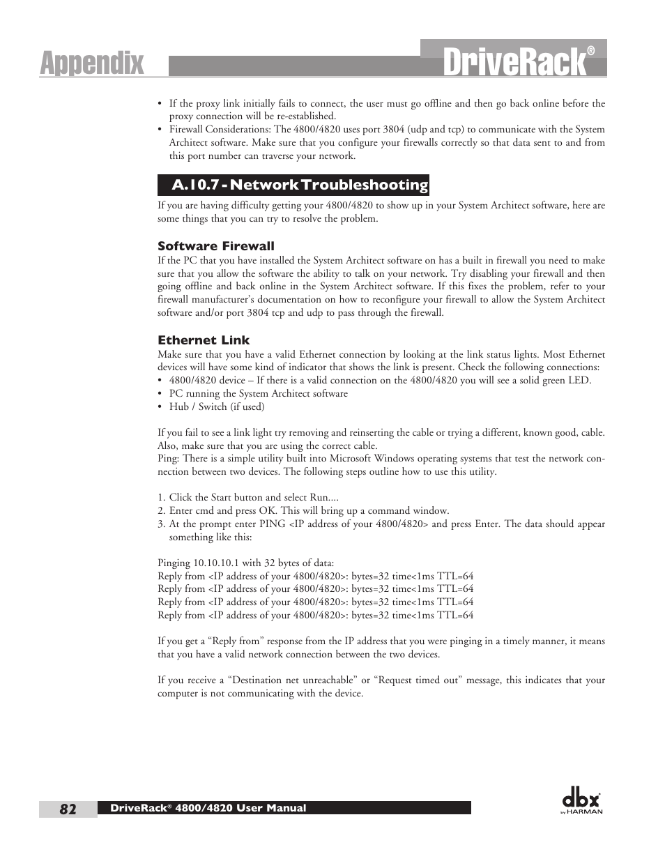 Driverack, Appendix | dbx DriveRack 4820 User Manual | Page 92 / 96