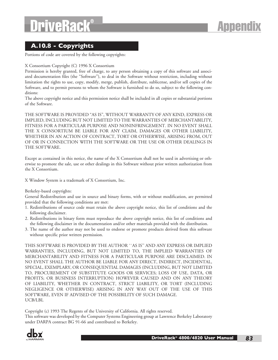 Driverack, Appendix | dbx DriveRack 4820 User Manual | Page 93 / 96