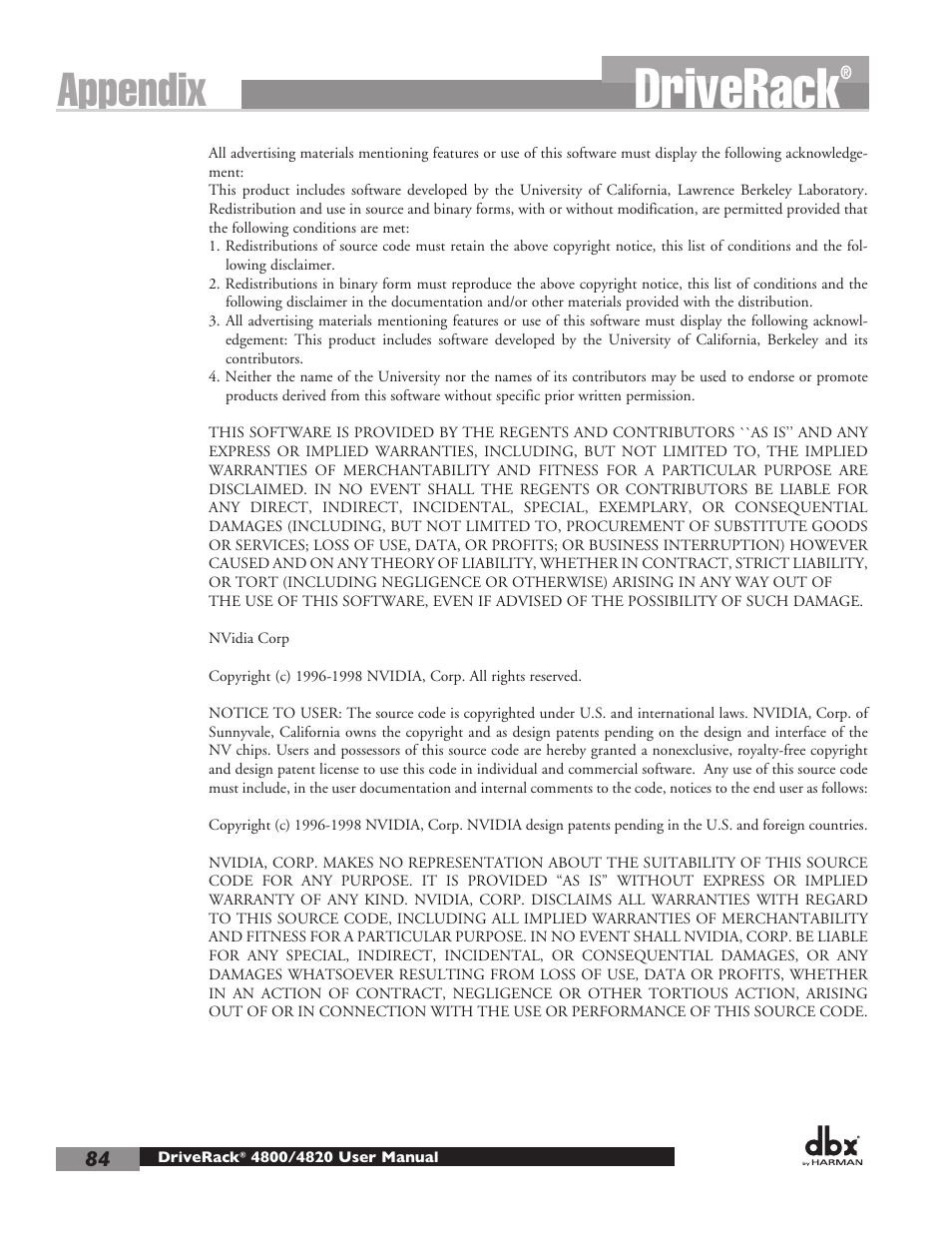 Driverack, Appendix | dbx DriveRack 4820 User Manual | Page 94 / 96