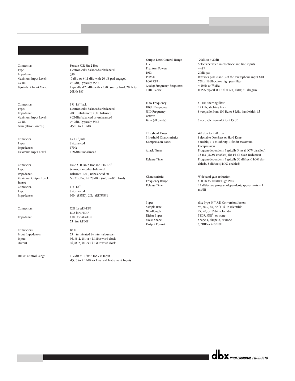 Appendix d, D.3 specifications appendix, 376 user manual | dbx 376 User Manual | Page 36 / 37