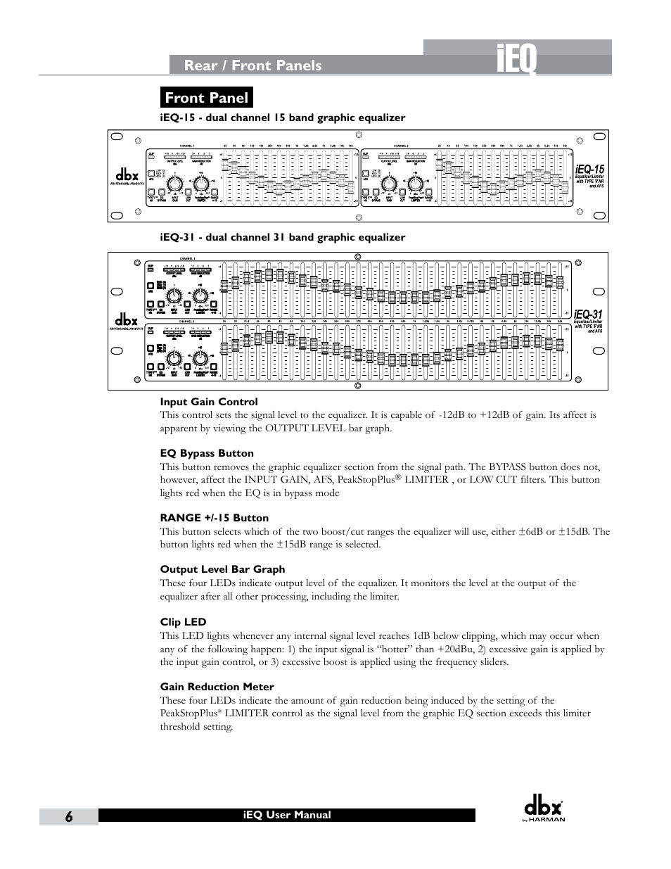 Front panel, Rear / front panels | dbx iEQ15 User Manual | Page 10 / 20
