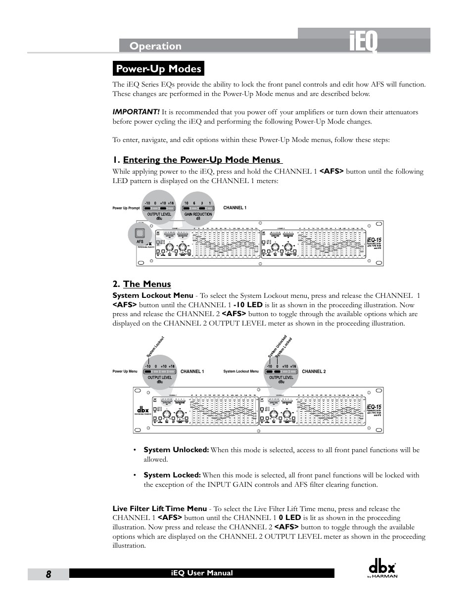 Operation, Power-up modes | dbx iEQ15 User Manual | Page 12 / 20