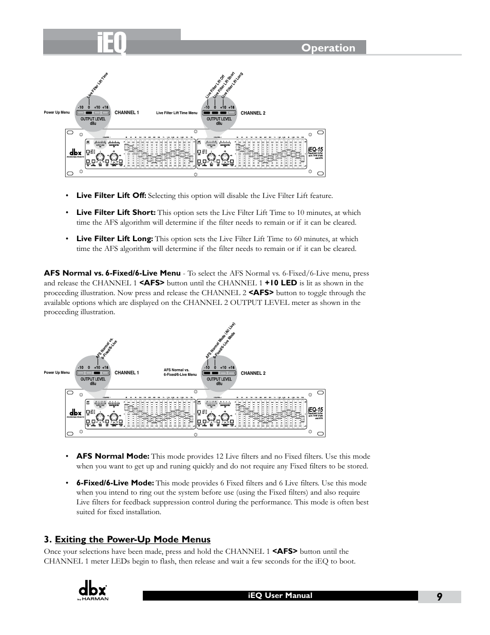 Operation, Exiting the power-up mode menus | dbx iEQ15 User Manual | Page 13 / 20