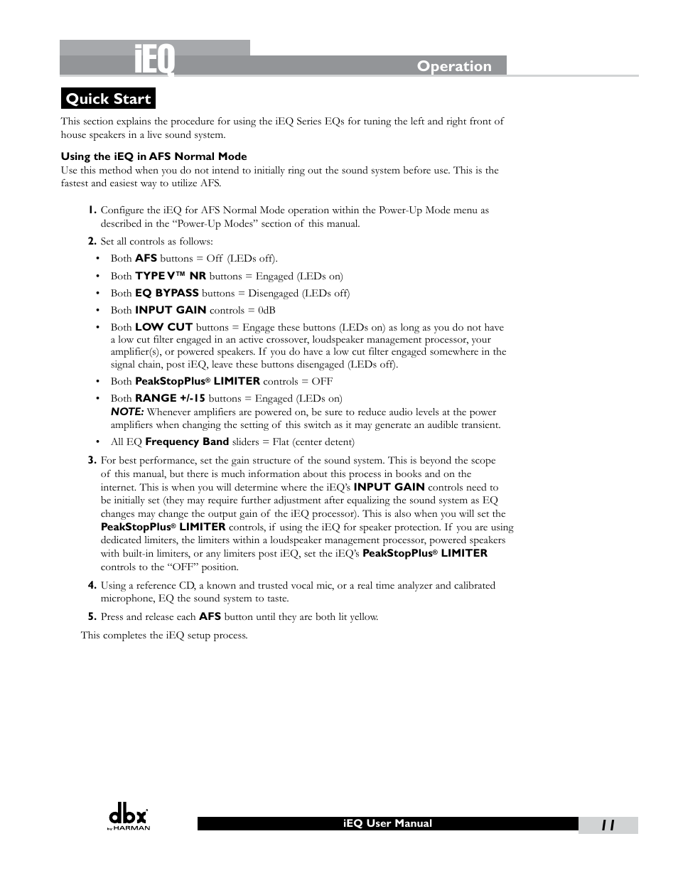 Quick start, Operation | dbx iEQ15 User Manual | Page 15 / 20