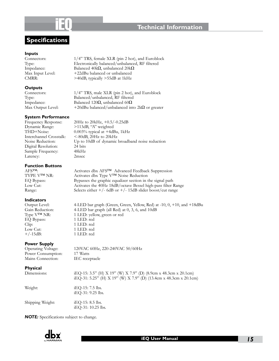 Specifications, Technical information | dbx iEQ15 User Manual | Page 19 / 20
