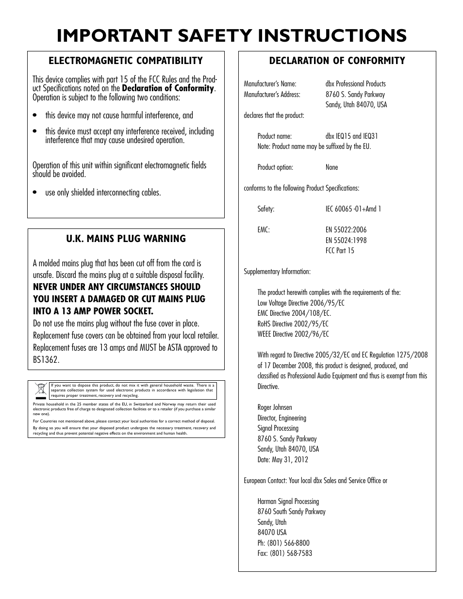 Important safety instructions, Electromagnetic compatibility, Declaration of conformity | U.k. mains plug warning | dbx iEQ15 User Manual | Page 3 / 20