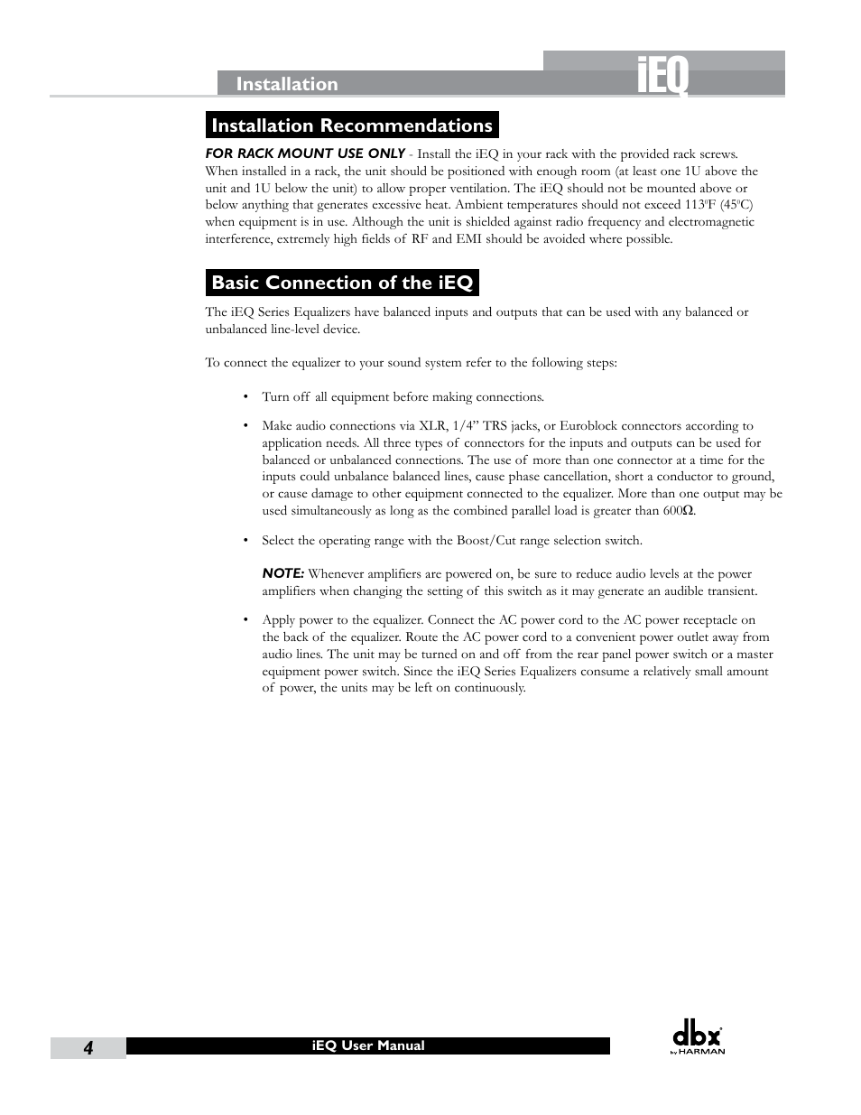 Installation, Installation recommendations, Basic connection of the ieq | dbx iEQ15 User Manual | Page 8 / 20
