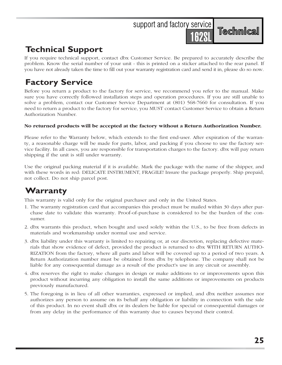 Warranty factory service technical support 25 | dbx 162SL User Manual | Page 27 / 31