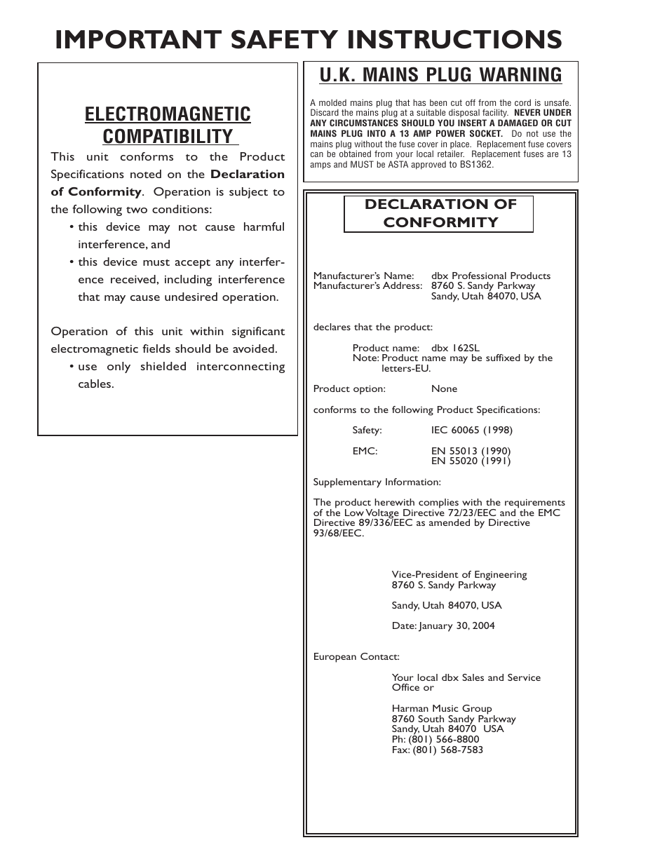 Important safety instructions, U.k. mains plug warning, Electromagnetic compatibility | Declaration of conformity | dbx 162SL User Manual | Page 3 / 31