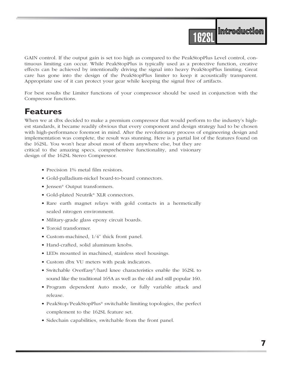 Features | dbx 162SL User Manual | Page 9 / 31
