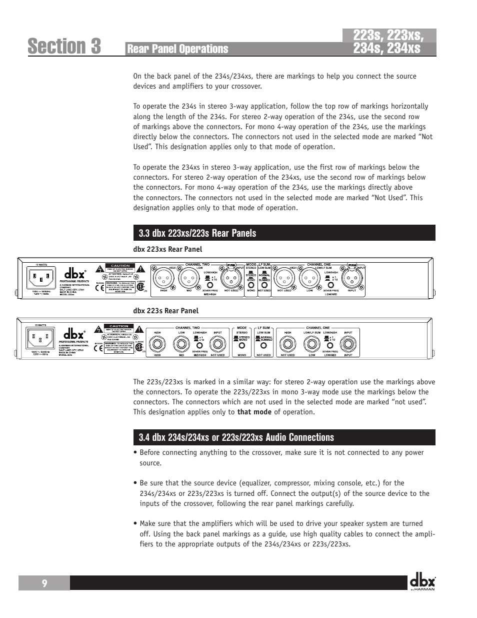 Rear panel operations | dbx 234s Crossover User Manual | Page 14 / 20