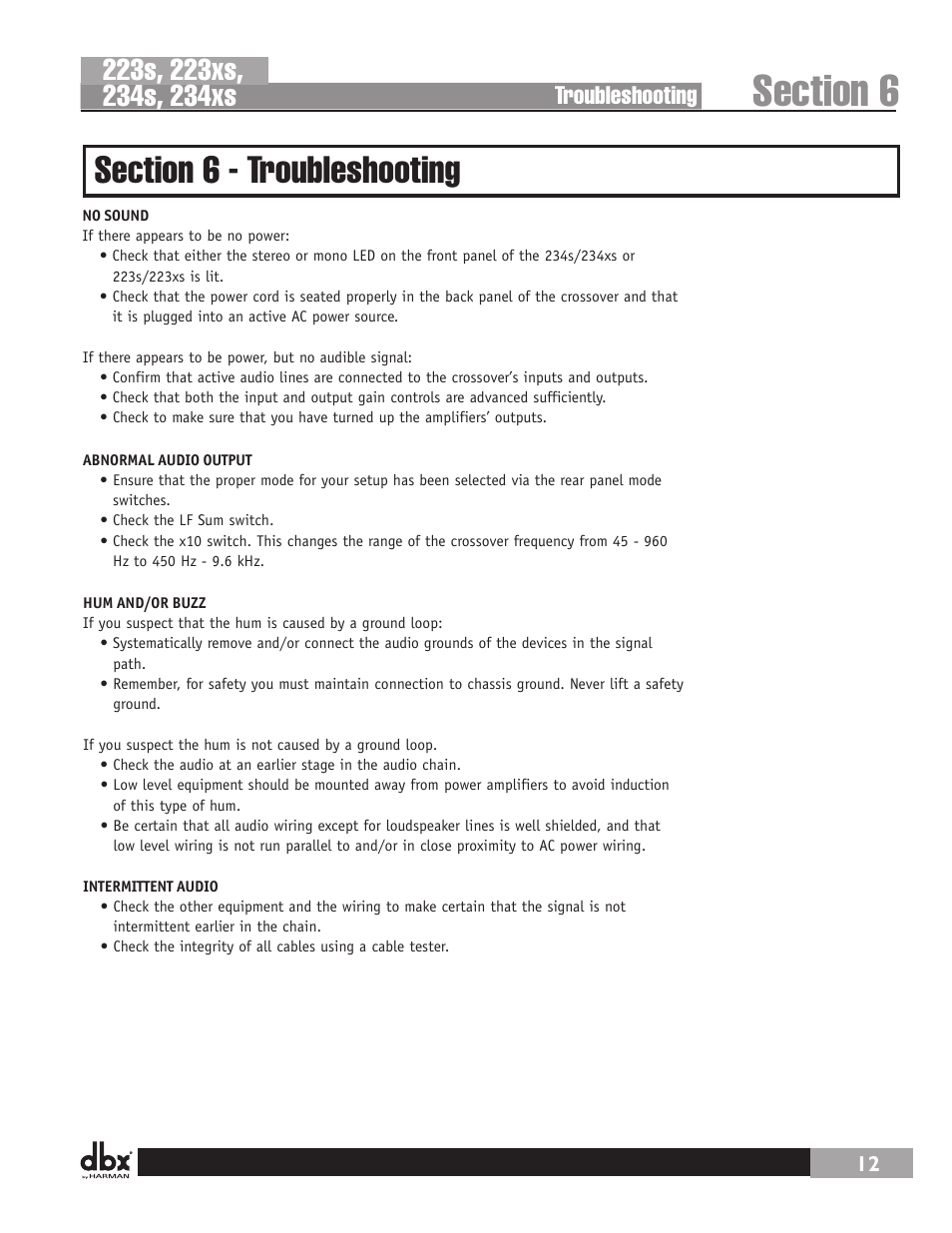 Troubleshooting | dbx 234s Crossover User Manual | Page 17 / 20