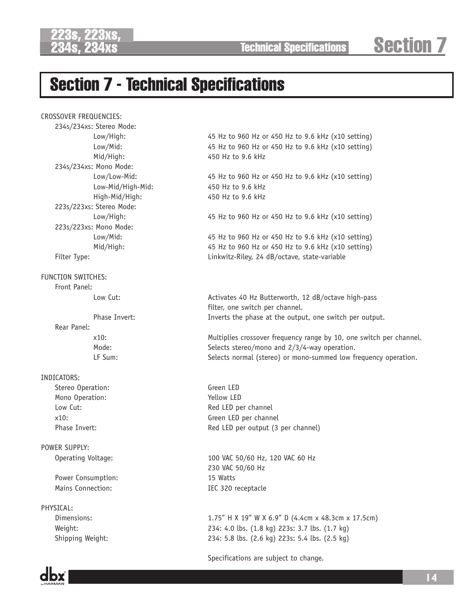 Technical specifications | dbx 234s Crossover User Manual | Page 19 / 20