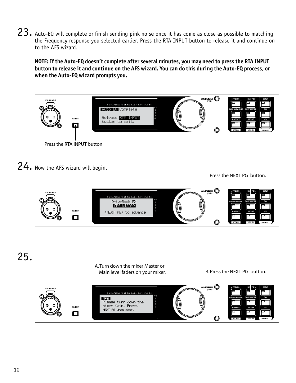 Now the afs wizard will begin, Driverack px, Press the rta input button | Press the next pg button, Auto eq complete release rta input button to exit | dbx DriveRack PX Quickstart Guide User Manual | Page 10 / 24