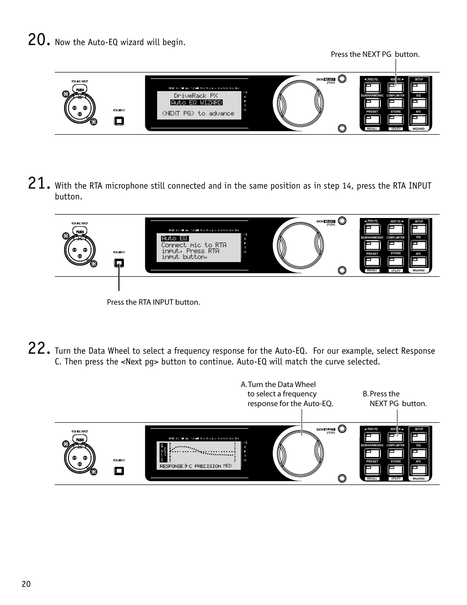 Now the auto-eq wizard will begin, Driverack px, Press the next pg button | Press the rta input button, Driverack px auto eq wizard <next pg> to advance | dbx DriveRack PX Quickstart Guide User Manual | Page 20 / 24
