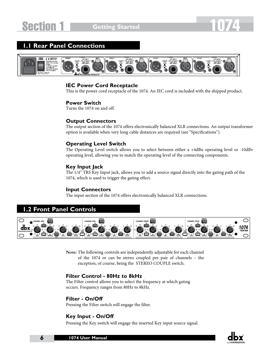 1 rear panel connections, 2 front panel controls, Getting started | Iec power cord receptacle, Power switch, Output connectors, Operating level switch, Key input jack, Input connectors, Filter control - 80hz to 8khz | dbx 1074 User Manual | Page 10 / 16