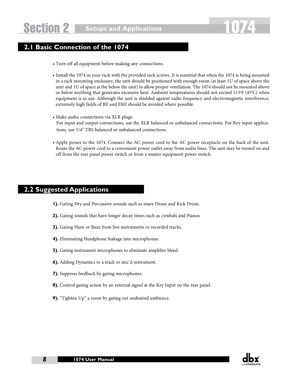 2 suggested applications, Setups and applications | dbx 1074 User Manual | Page 12 / 16