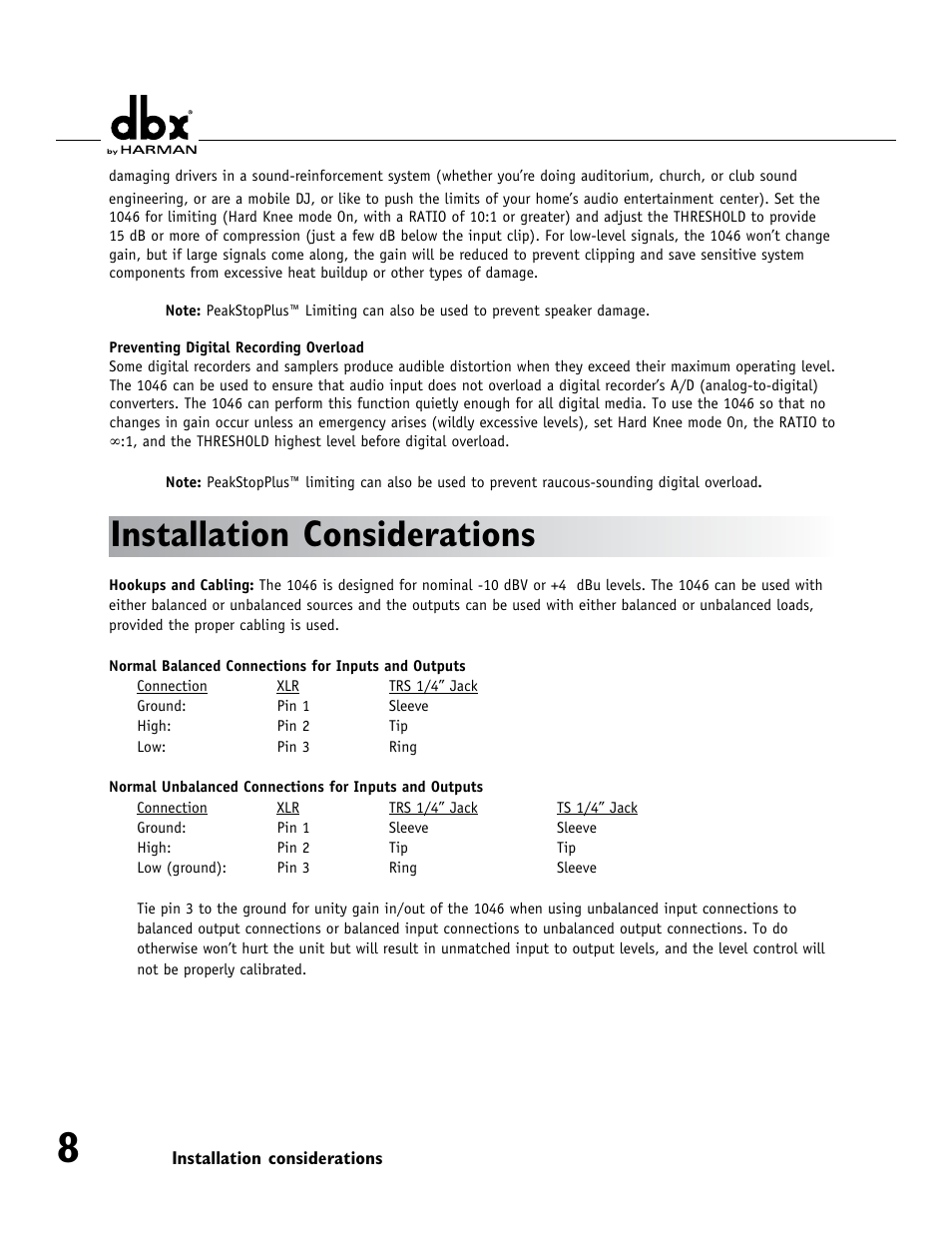 Installation considerations | dbx 1046 User Manual | Page 12 / 16
