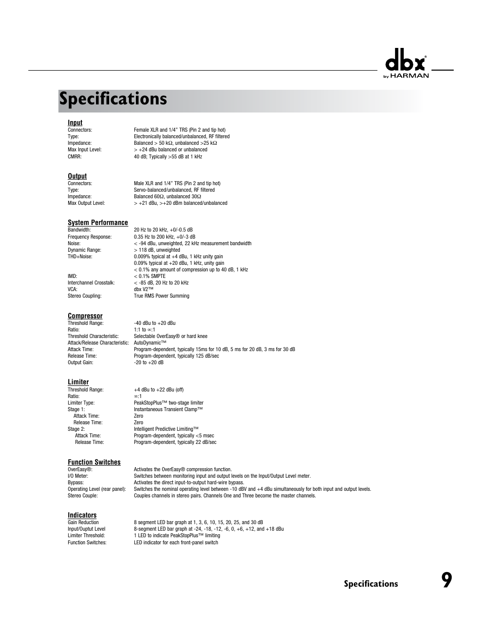 Specifications | dbx 1046 User Manual | Page 13 / 16