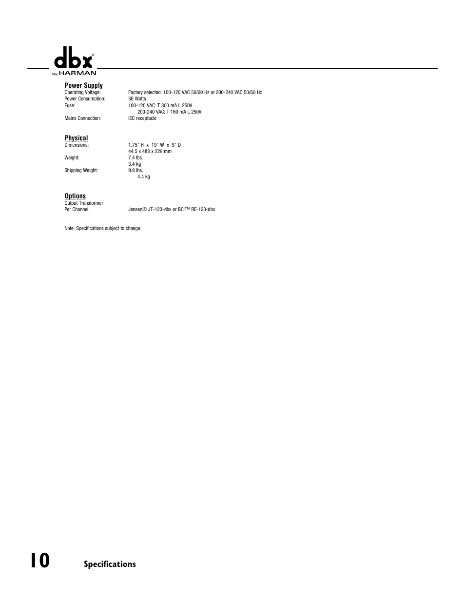 Specifications | dbx 1046 User Manual | Page 14 / 16