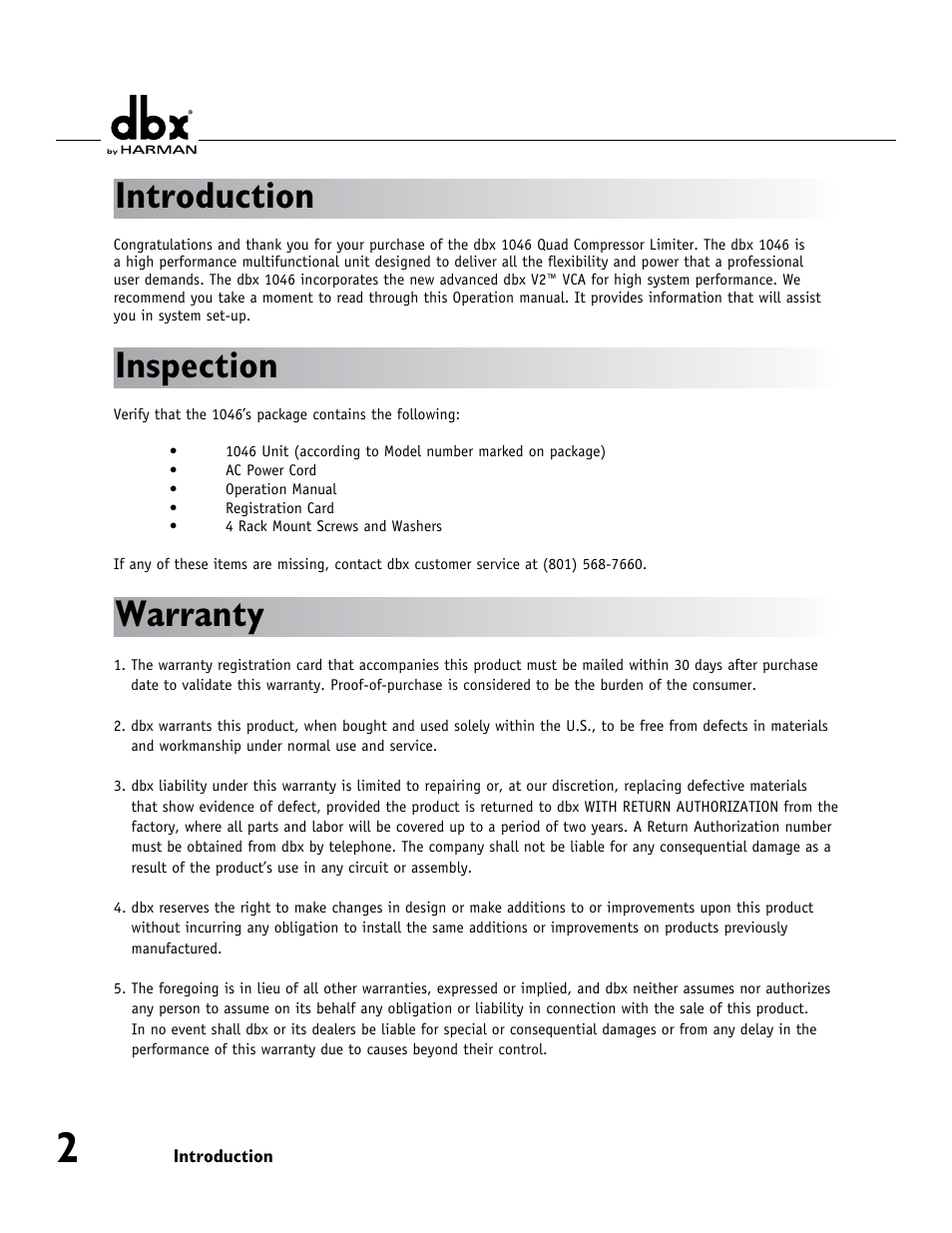 Introduction, Inspection, Warranty | dbx 1046 User Manual | Page 6 / 16