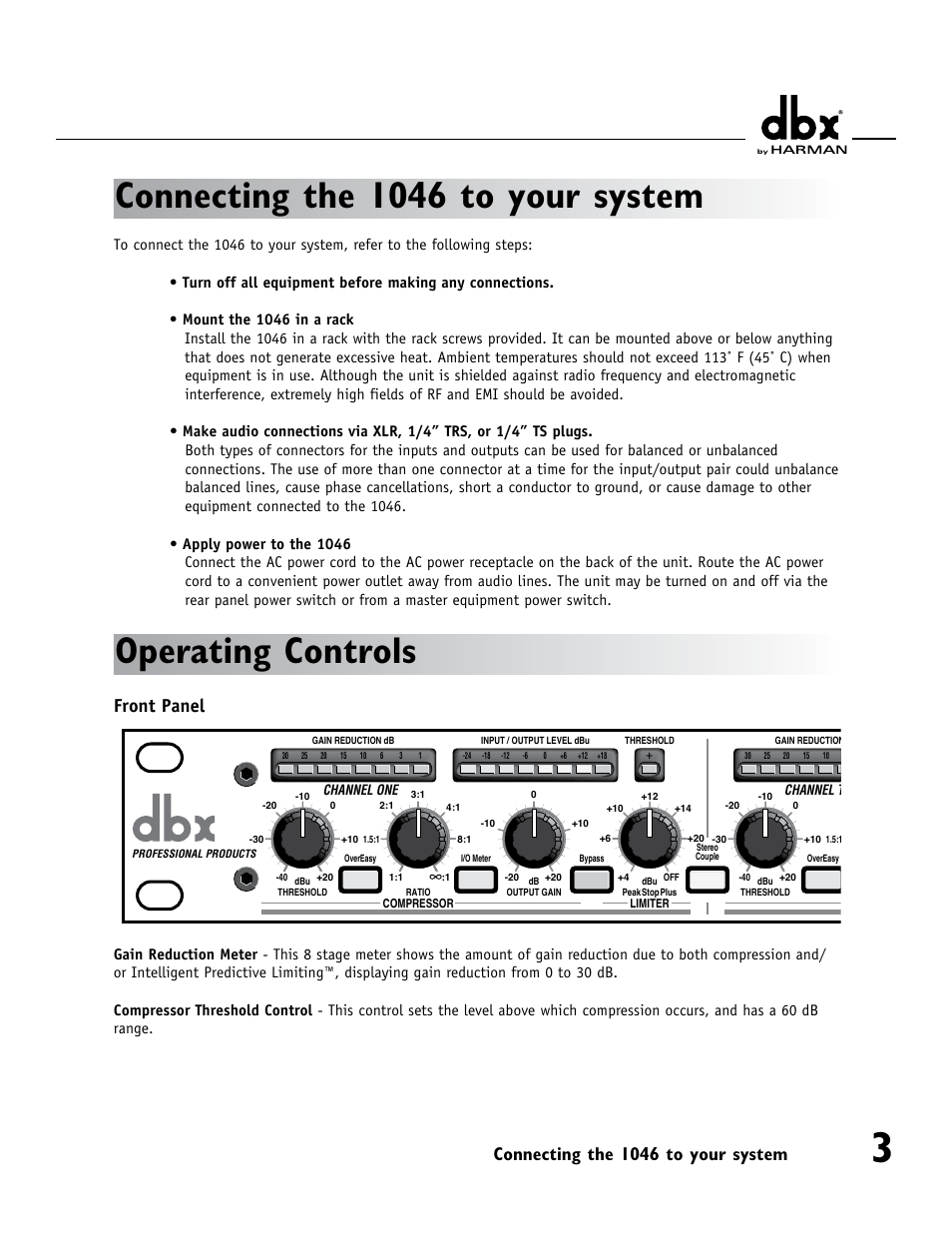 Connecting the 1046 to your system, Operating controls, Quad compressor/ limiter | Front panel, Channel one, Channel two, Channel three, Channel four | dbx 1046 User Manual | Page 7 / 16