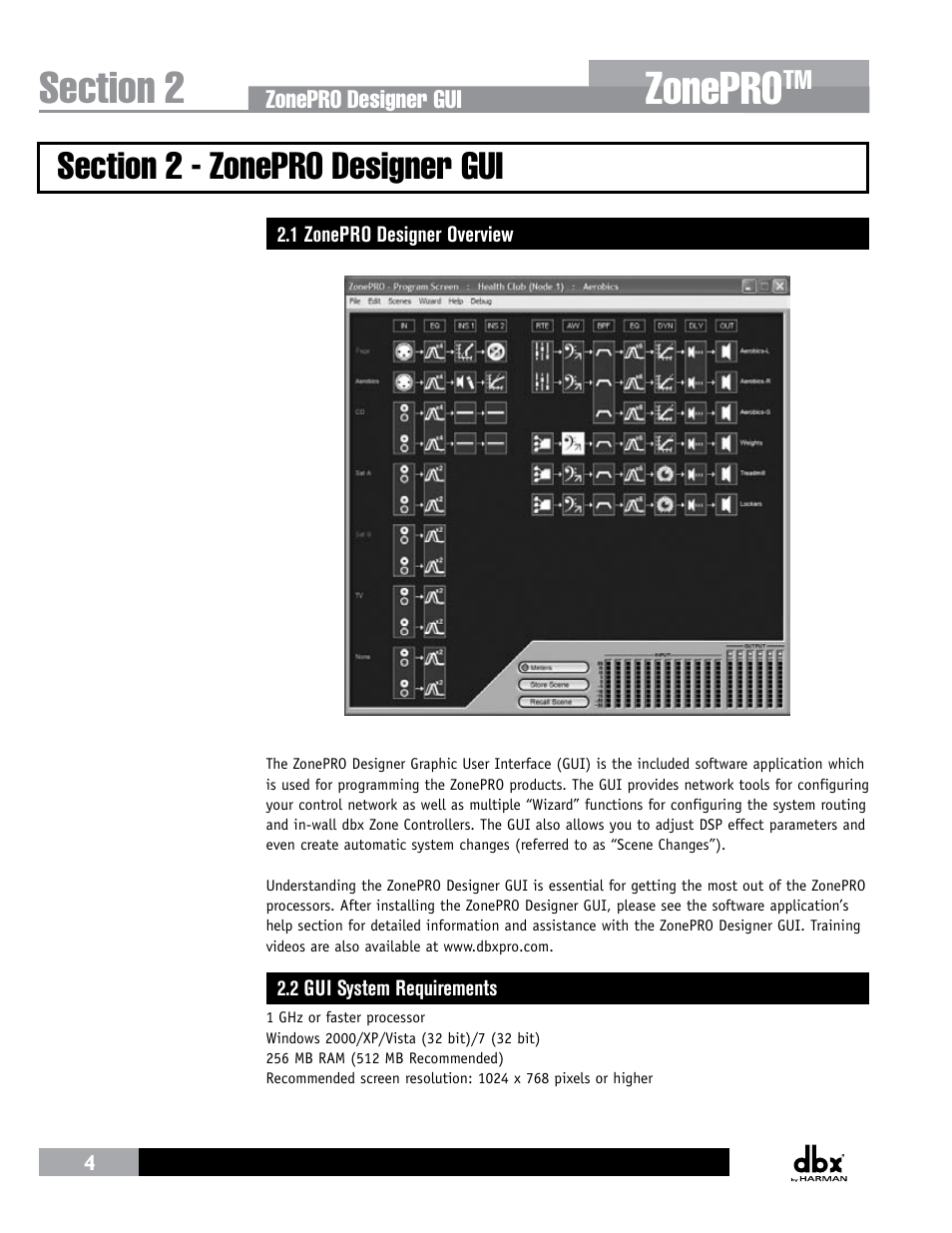Section 2 - zonepro designer gui, 1 zonepro designer overview, 2 gui system requirements | Zonepro | dbx ZonePRO InstallGuide User Manual | Page 10 / 60