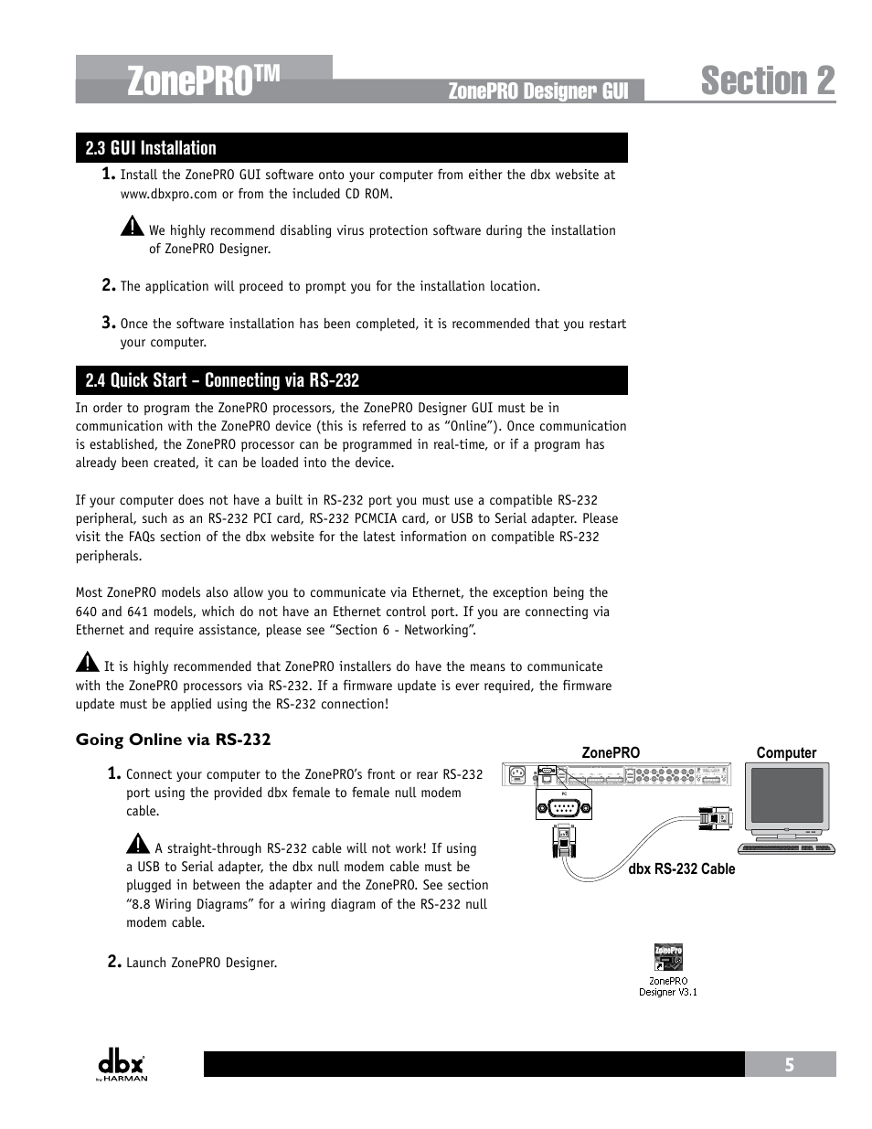 3 gui installation, 4 quick start – connecting via rs-232, Zonepro | Zonepro designer gui | dbx ZonePRO InstallGuide User Manual | Page 11 / 60