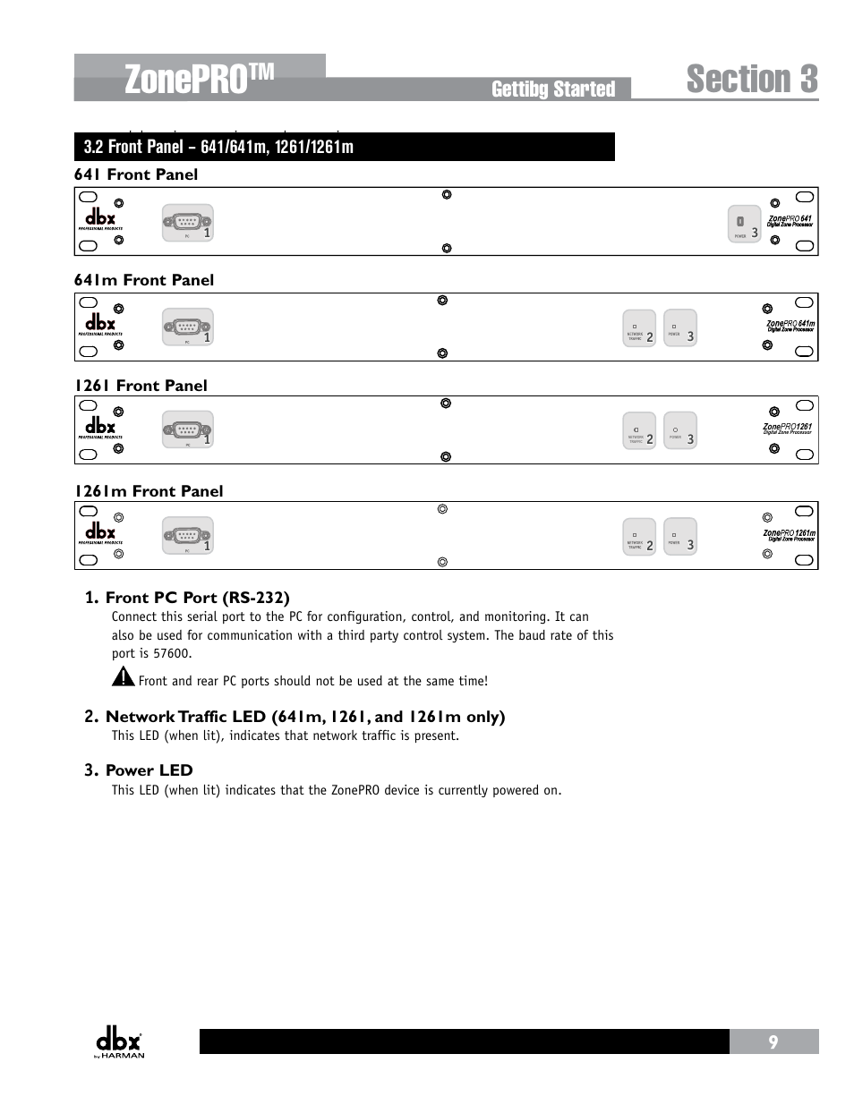 2 front panel – 641/641m, 1261/1261m, Zonepro, Gettibg started | dbx ZonePRO InstallGuide User Manual | Page 15 / 60